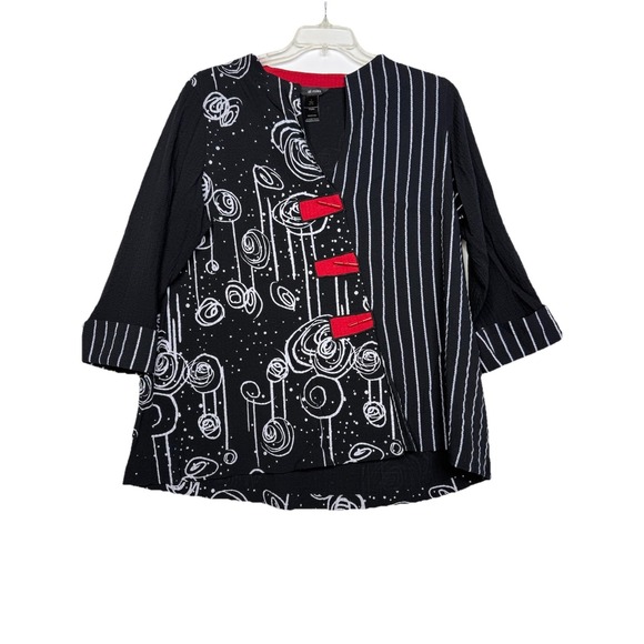 Ali Miles Abstract Artsy Print Button Front Black White Red Tunic Top Size Large